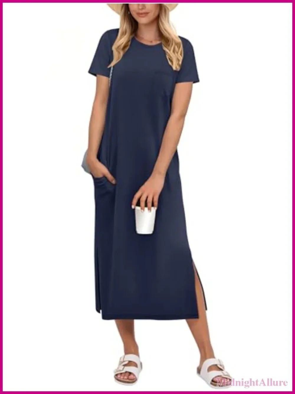 Women's Midi Shift Dress Rayon Blend Short Sleeve Side Slits Beach Vacation